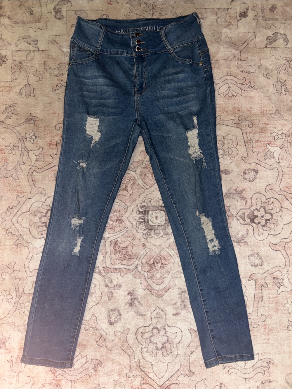 Distressed High-Rise Skinny Jeans in Dark Blue